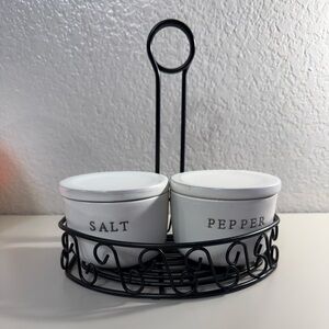 White Salt and Pepper Shakers with Black Holder